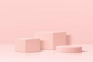 Realistic pastel pink 3D geometric pedestal podium set in abstract room. Minimal scene for products showcase, Happy valentine day promotion display. Vector platform design. Vector illustration