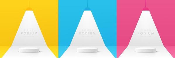 Set of light pink, yellow, blue and white realistic 3d cylinder pedestal podium in pastel abstract room. Vector geometric platform design. Minimal wall scene for products showcase, Promotion display.