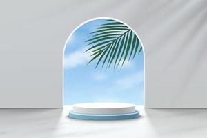 Realistic white 3D cylinder pedestal podium with cloud blue sky and palm leaf in the arch door. Vector abstract studio room geometric platform. Minimal scene for products showcase, Promotion display.