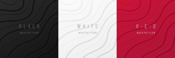 Set of dynamic wavy curve lines on black, white, gray and red background. Modern technology futuristic background. Design for banner, cover, web, flyer, card, poster, wallpaper. Vector illustration