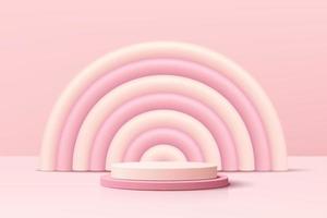 Realistic pink 3D cylinder pedestal podium with pink and white balloon arch shape. Valentine pastel minimal scene for products showcase, Promotion display. Vector abstract studio room  platform design