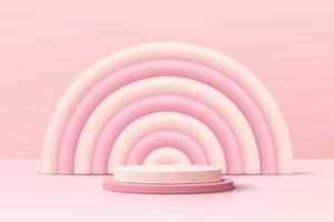 Realistic pink 3D cylinder pedestal podium with pink and white balloon arch shape. Valentine pastel minimal scene for products showcase, Promotion display. Vector abstract studio room  platform design