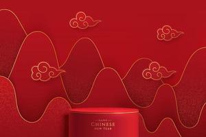 Realistic dark red and gold 3D cylinder stand podium with red chinese elements. Minimal scene for products showcase, Promotion display. Abstract studio room platform. Happy chinese new year concept. vector