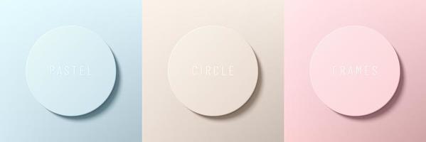 Set of 3d blue, beige and pink pastel color circle frame design in minimal style. Collection of trendy color geometric background with copy space. Top view scene of podium. Vector illustration