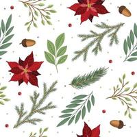Christmas seamless pattern. Pine twigs, red berries, christmas tree. Winter Xmas holidays. vector