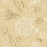 Seamless texture. Vector color image of a pizza. Slices with various ingredients.