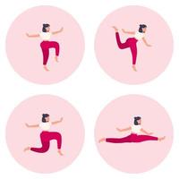 conjunto de siluetas vectoriales de mujer haciendo ejercicios de yoga. iconos de colores de una chica en muchas poses de yoga diferentes aisladas en un fondo rosa vector