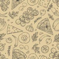 Seamless pattern pizza with cheese, tomato, garlic, basil, olive, pepper, mushroom. vector