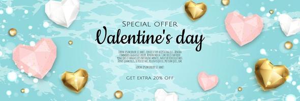 Valentines day holiday gift card. Background Realistic with 3d gold, white heart. vector