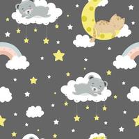 Seamless children pattern with cat, bear, lion, clouds, moon and stars. Creative kids texture for fabric, wrapping, textile, wallpaper, apparel vector