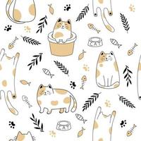 Seamless pattern of simply drawing kitty in various acting isolated on white background. vector