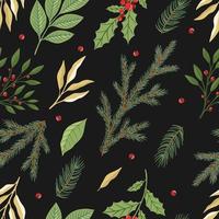 Christmas seamless pattern. Pine twigs, red berries, christmas tree. Winter Xmas holidays. vector