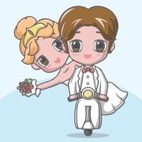 Cute happy wedding couples riding scooter vector