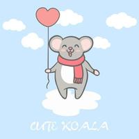 lindo koala volando en el cielo con globo de corazón vector