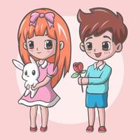 Romantic boy giving a flower to his girl. Cute girl holding white rabbit vector