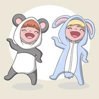 Cute children wearing a rabbit and panda costume vector
