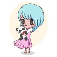linda niña sosteniendo una muñeca panda vector