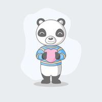 Cute kawaii panda holding pink heart vector