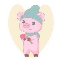 Cute little pig in winter hat and scarf with flower vector