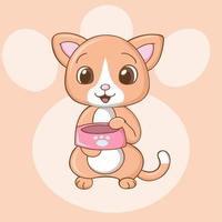 lindo gato kawaii sosteniendo un tazón de comida vector
