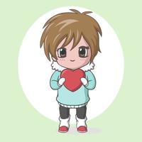 Cute kawaii little boy holding red heart vector
