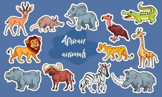 gran conjunto de animales africanos. divertidos personajes de animales en pegatinas de estilo de dibujos animados. vector