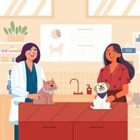 Female Veterinarian and Customer with Her Dogs vector