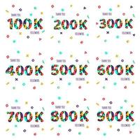 Thank you 100-900k followers numbers postcard set. Template for internet media and social network. vector