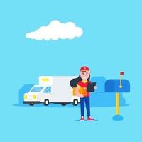 Fast delivery vehicle car van and girl character with clipboard and box on it flat style design vector illustration isolated on light blue background. Symbol of delivery company.