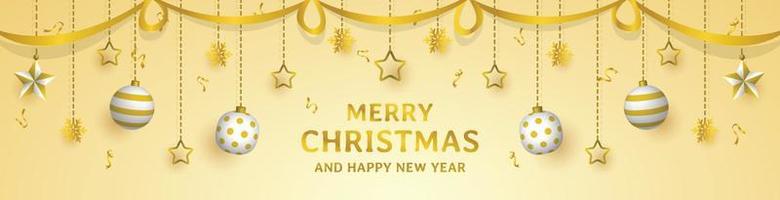 merry christmas banner, happy new year, with hanging ornaments, luxury style design vector graphic