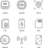 iconos de especificación de smartphone establecidos en fondo blanco, iconos de especificación de smartphone establecidos símbolo moderno y moderno para logotipo, web, aplicación, ui. vector