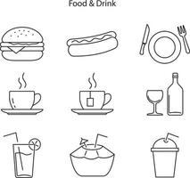 vector illustrations of food icons. Suitable for design elements of food product promotion, nutritional value graphics, and healthy menus. Outlined food and drink icon set.