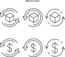 icono de devolución de compra. devolución de paquetes, símbolos de devolución de entrega. concepto de devolución de paquetes al remitente. conjunto de iconos. vector