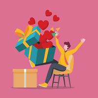 Boy is very happy because he gets gift box with many loves or Hearts. Love in February. Vector colorful illustration.