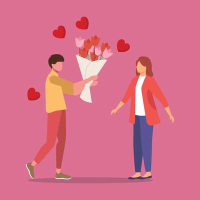 The Man character gives gift bouquet flowers and many loves to his wife character . Love in February. Vector flat cartoon illustration.