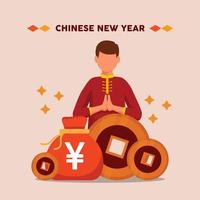 Chinese boy  giving wishes Chinese new year 2022 year of the tiger with set CNY. Go Xi Fa Cai. Vector illustration