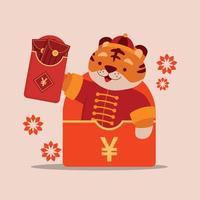Tiger doll shows red postcard and happy. it is called angpao. Gift for lunar New Year. Vector colorful illustration.