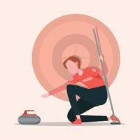 Woman doing on starting position ready to play at the stadium. Curling sports. Vector . Vector illustration flat.