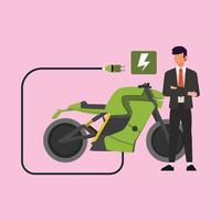 hombre ejecutivo esperando la carga de la moto con cable eléctrico. concepto de electromovilidad. ilustración vectorial