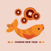 Happy 2022 Chinese New Year golden fishes, gold coin. Vector colorful illustration.