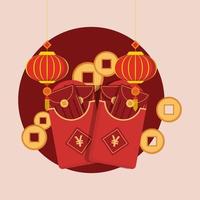 Set in lunar year are lantern, fan, red envelope, and gold coin money. CNY vector illustration.