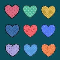 Set of hand-drawn colored hearts decorated with patterns and stitches. Design elements isolated from the background. vector