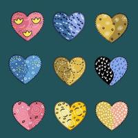 Set of hand-drawn colored hearts decorated with patterns and stitches. Design elements isolated from the background. vector