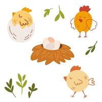 Chickens and eggs set. Chicken hatches from the egg. Nest and tray of chickens eggs. Hen farm. Animal character. Happy Easter. Cartoon vector illustration isolated.