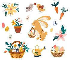 Easter set. Rabbit with basket, flowers, watering can, carrot, basket with eggs. Spring. Happy easter. Great for decoration flyers, banners, wallpapers, print products Vector cartoon illustration.