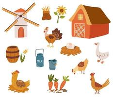 Farm life clipart set. Collection of farm animals, farmers and items. Chickens, geese, turkeys, mill, barn, buckets and hay. Farming and agriculture. Vector cartoon illustration isolated.