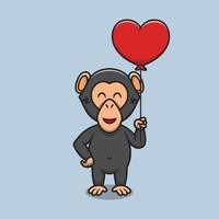 Cute chimpanzee holding love balloon cartoon icon illustration vector