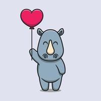 Cute rhino holding love balloon cartoon icon illustration