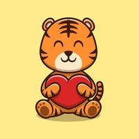 Cute tiger hugging love heart cartoon icon illustration vector