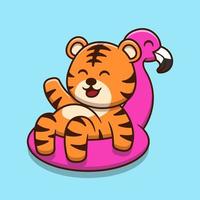 Cute tiger wearing inflatable flamingo swimming balloon cartoon icon illustration vector